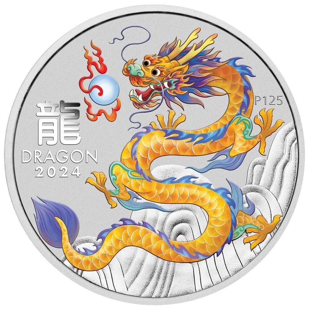 Australia 2024 Lunar Series III $1 Year of the Dragon ANDA Melbourne Money Expo Yellow 1oz .9999 Silver Coin in Card Perth Mint