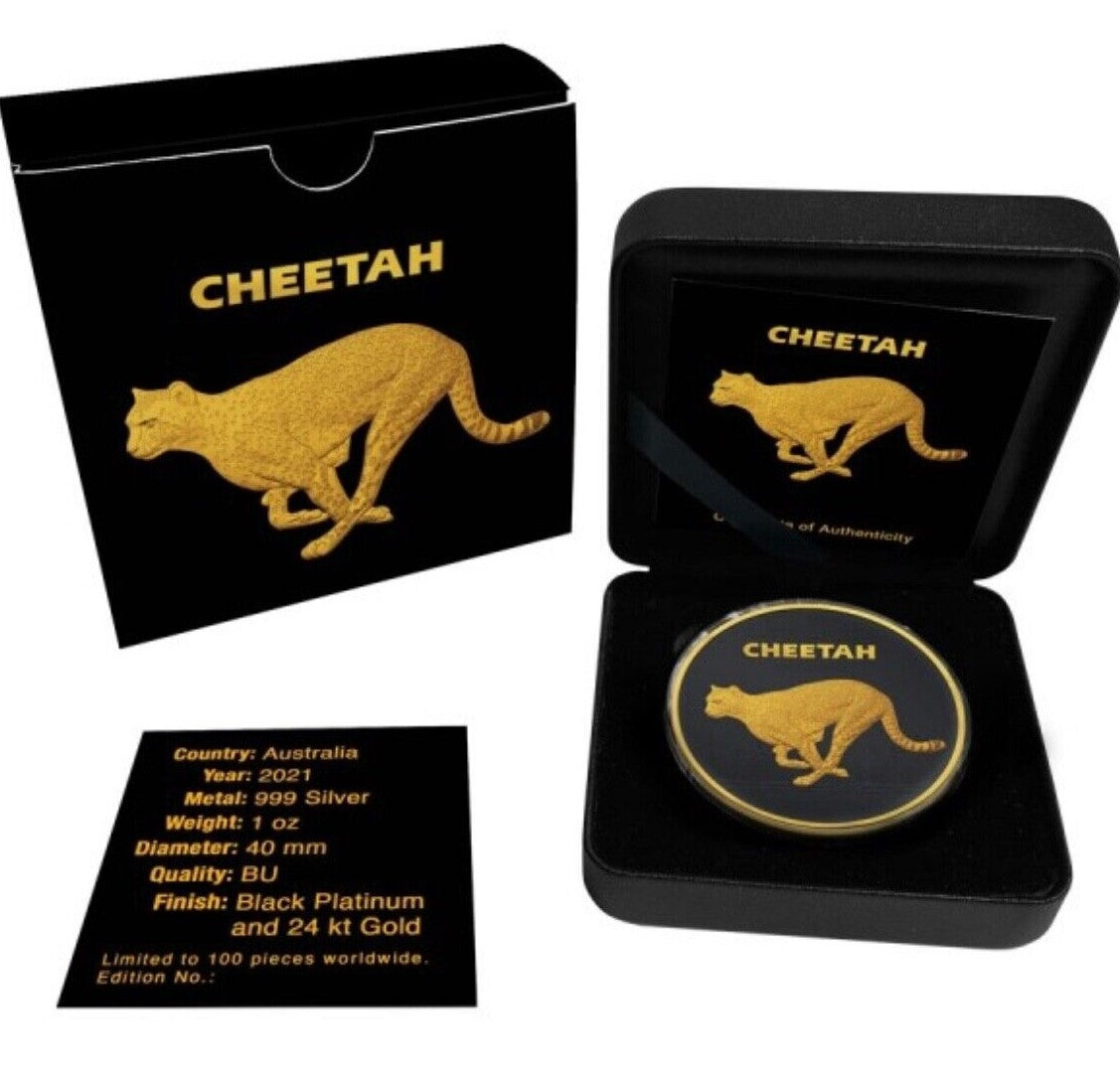 Australia 2021 $1 Australia Zoo Cheetah Black Platinum 24k Gold Gilded 1oz .999 Silver Coin