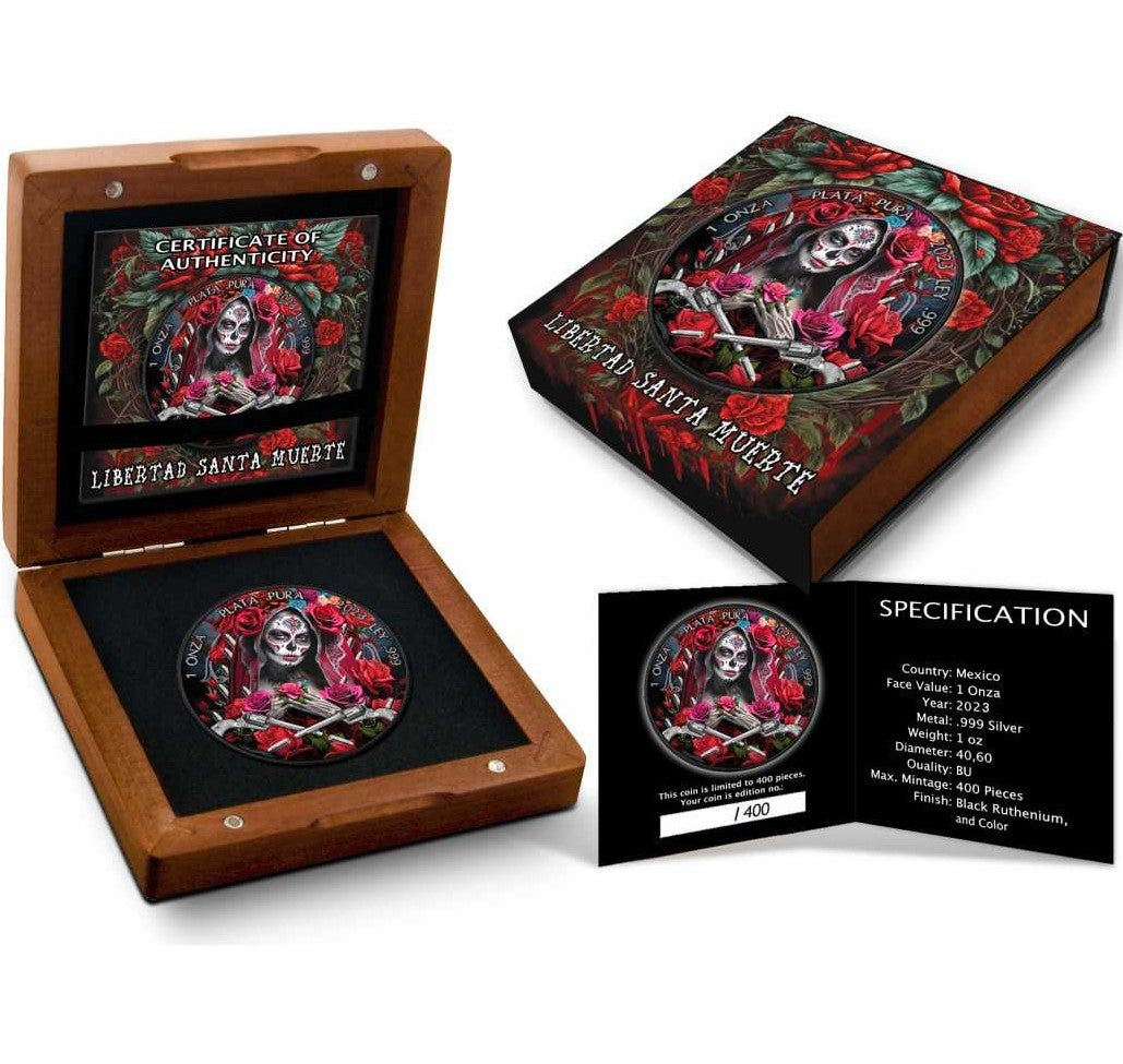 Mexico 2023 1 Onza Libertad SANTA MUERTE 1 Oz .9999 Coloured Silver coin Case, Box and Certificate of Authenticity