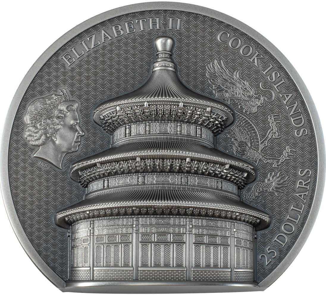 Cook Islands 2023 $10 Temple of Heaven - Beijing 5 oz Antique Silver Coin 888 Mintage