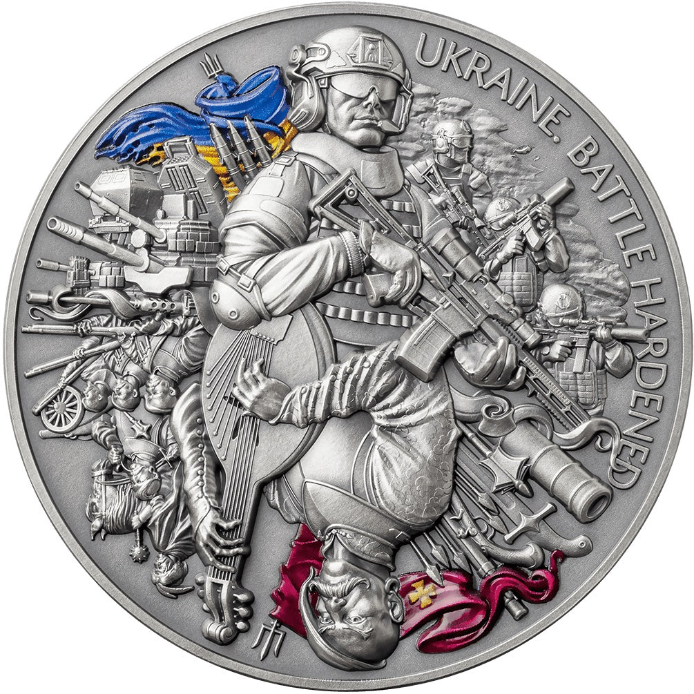 Ghana 2024 10 Cedis UKRAINE BATTLE HARDENED 2oz Antique Silver High Relief Coin