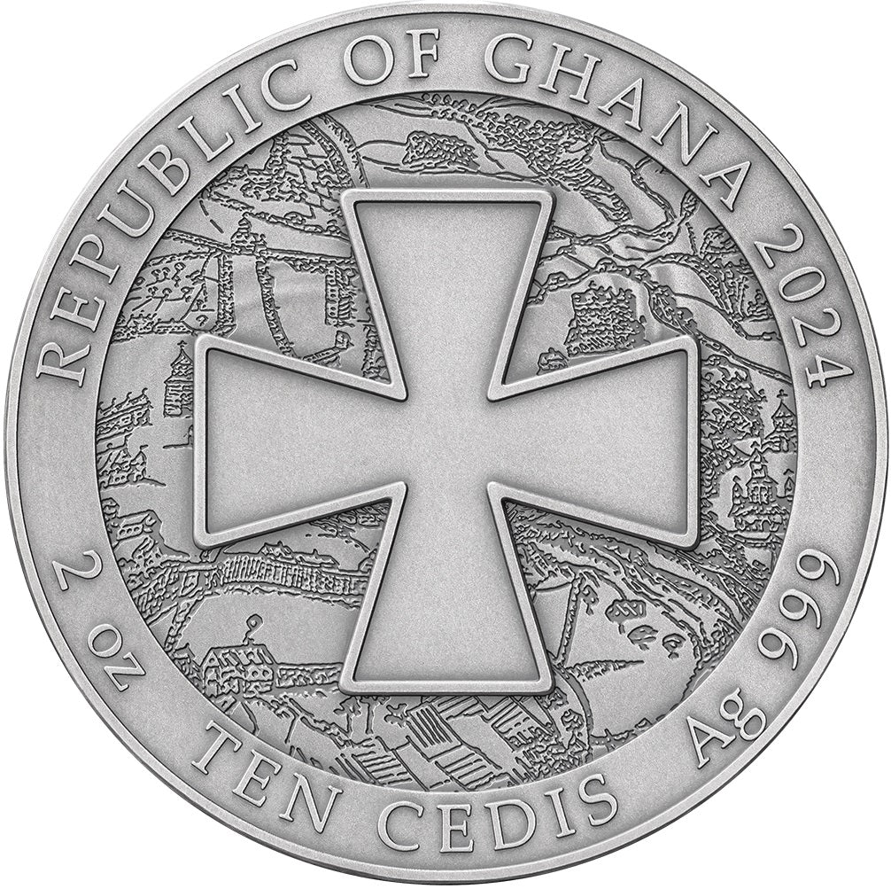 Ghana 2024 10 Cedis UKRAINE BATTLE HARDENED 2oz Antique Silver High Relief Coin