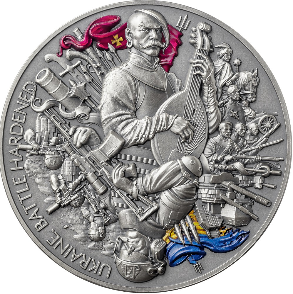 Ghana 2024 10 Cedis UKRAINE BATTLE HARDENED 2oz Antique Silver High Relief Coin