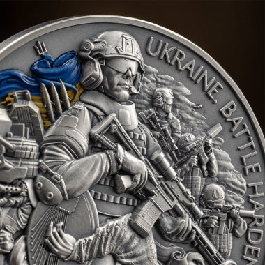 Ghana 2024 10 Cedis UKRAINE BATTLE HARDENED 2oz Antique Silver High Relief Coin