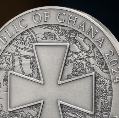 Ghana 2024 10 Cedis UKRAINE BATTLE HARDENED 2oz Antique Silver High Relief Coin