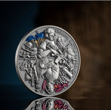 Ghana 2024 10 Cedis UKRAINE BATTLE HARDENED 2oz Antique Silver High Relief Coin