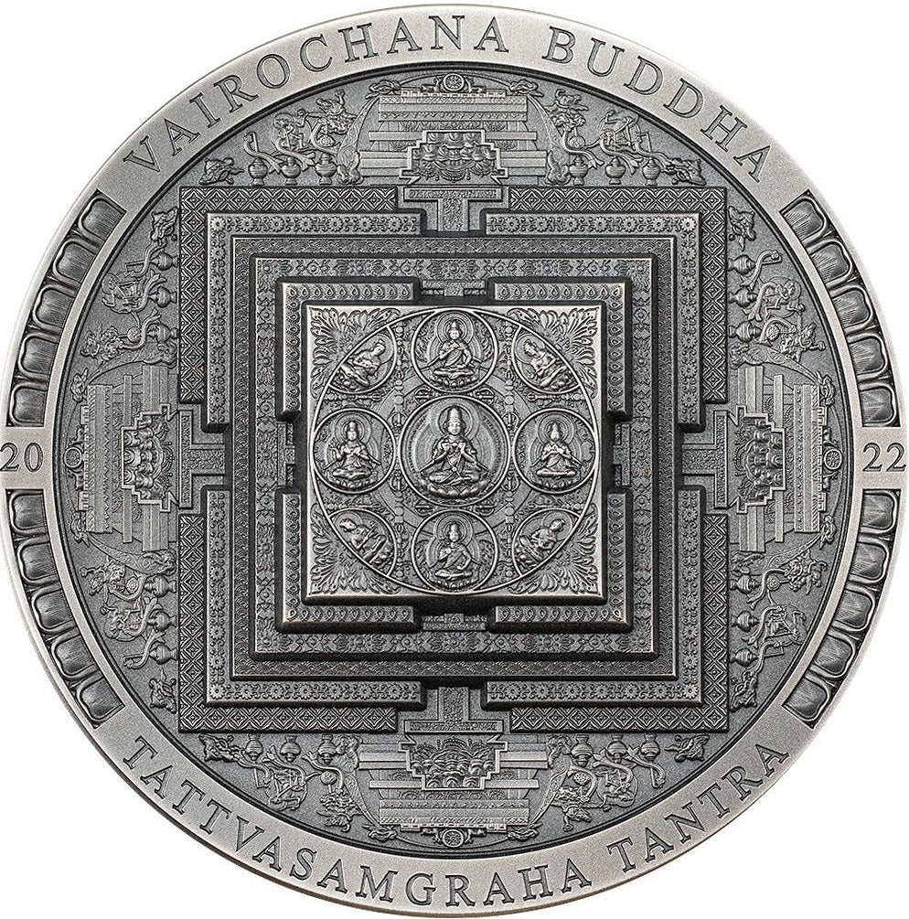 Mongolia 2022 2000 Togrog VAIROCHANA BUDDHA MANDALA Archeology Symbolism Ultra High Relief Antiqued 3 Oz Silver Coin
