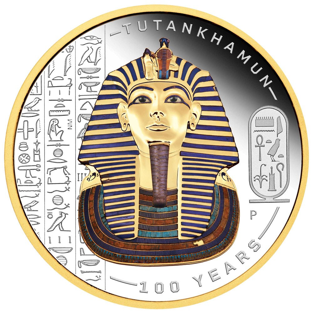 Tuvalu $2 2022 Tutankhamun 100 Year Anniversary Coloured Gold-Gilded 2oz Silver Proof Coin Perth Mint