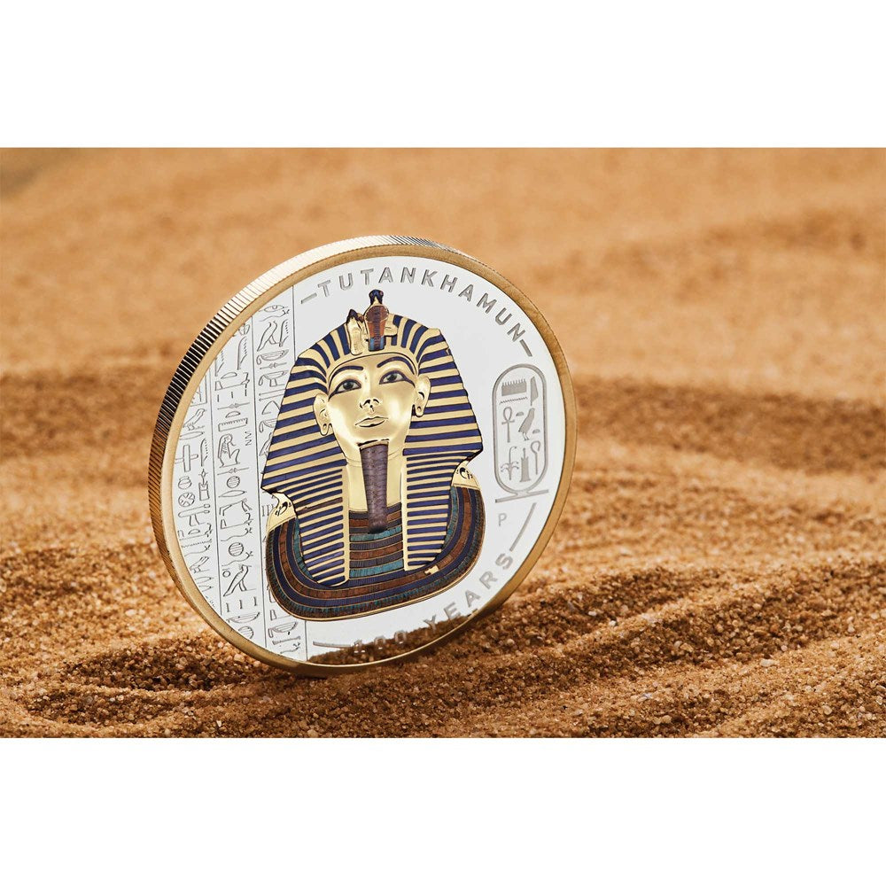 Tuvalu $2 2022 Tutankhamun 100 Year Anniversary Coloured Gold-Gilded 2oz Silver Proof Coin Perth Mint