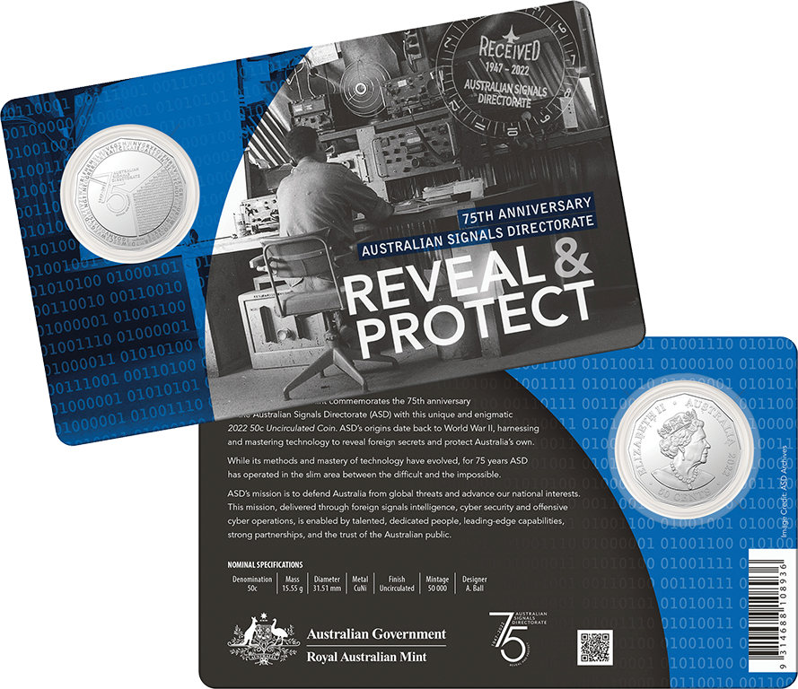 Australia 2022 50 Cent Uncirculated Australian Signals Directorate 75th Anniversary Carded
