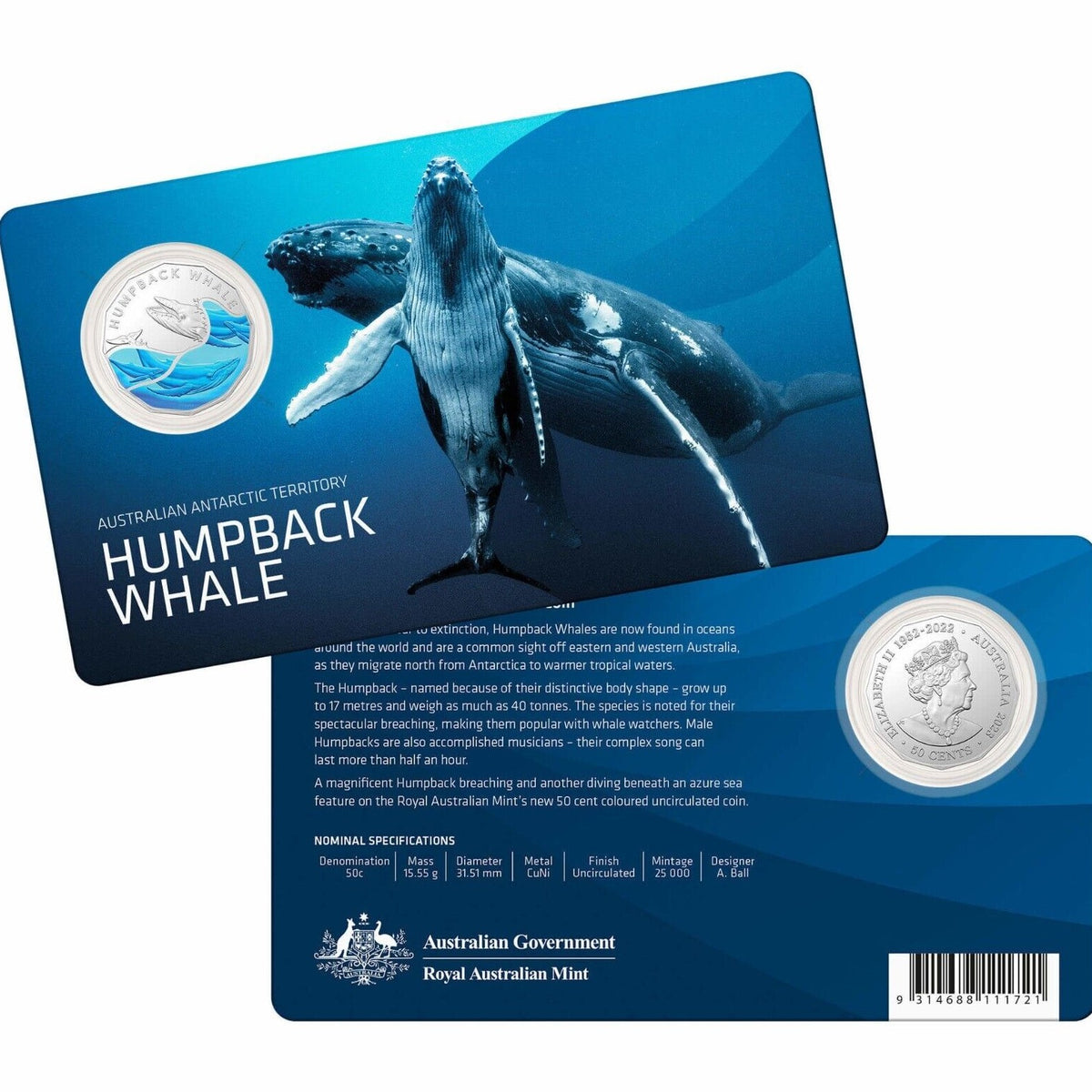 Australian Antarctic Territory Series 2023 50c CuNi Coloured Uncirculated Coin - Emperor Penguin and Humpback Whale