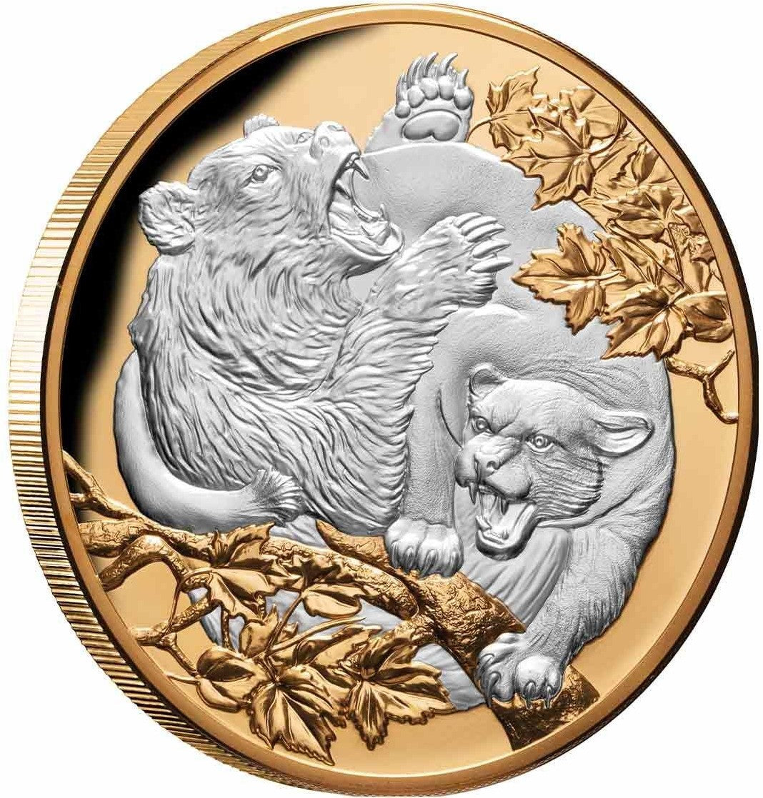 CERTIFICATE # 8 Niue 2022 $10 Apex Predators - Cougar vs Bear Selectively Gold-Plated 5oz Silver Proof Coin