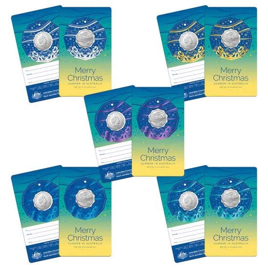SET of FIVE Australia 2021 Christmas 50 Cent Uncirculated