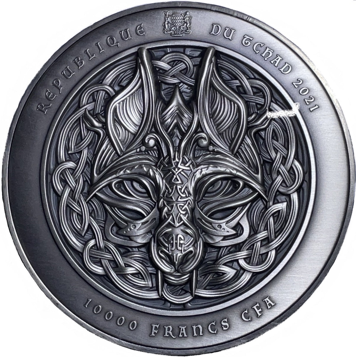 Republique du Tchad 2021 10000 Francs Binding of Fenrir 2 Oz Antiqed Silver 11.5 oz Copper Coin