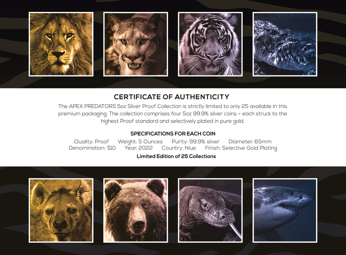 Niue 2022 $10 Apex Predators 5oz Silver Proof 4-Coin Set 25 Sets Minted Matching Edge Numbering