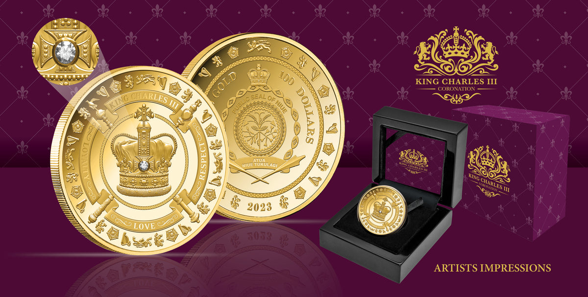 Niue 2023 $100 King Charles III Coronation 1oz .9999 Gold Proof with Diamond Low Mint 150