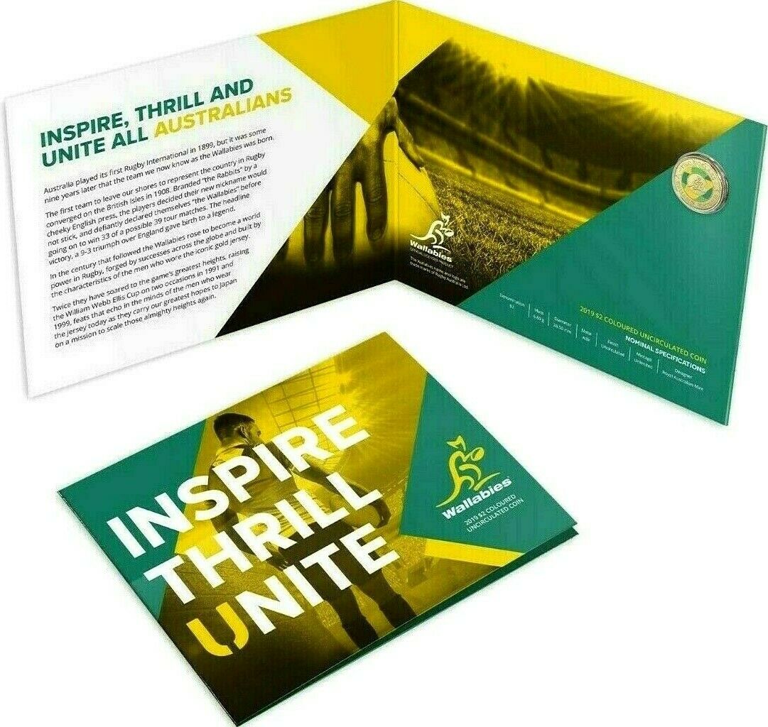 Australia 2019 $2 Coloured Uncirculated Wallabies Rugby World Cup Folder