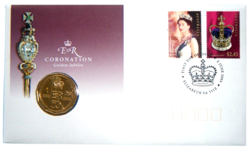 Australia 2003 50 Cent Bronze Uncirculated Golden Jubilee Coronation Stamp and Coin Cover PNC