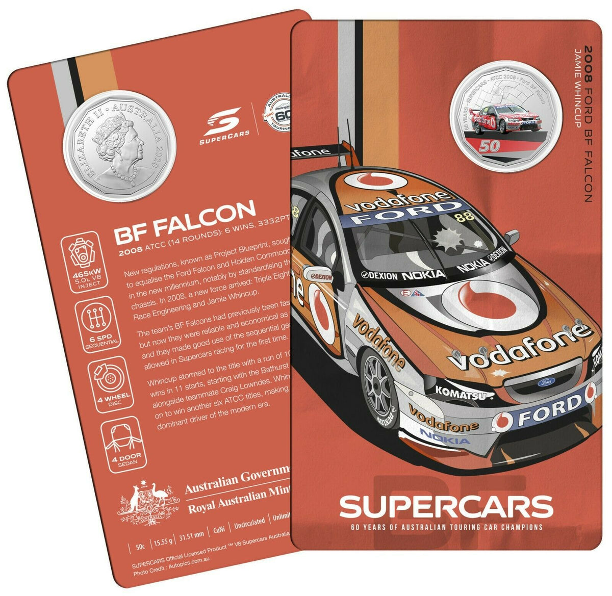 Australia 2020 50 Cent Coloured Uncirculated60 Years of Supercars 2008 Ford BF Falcon