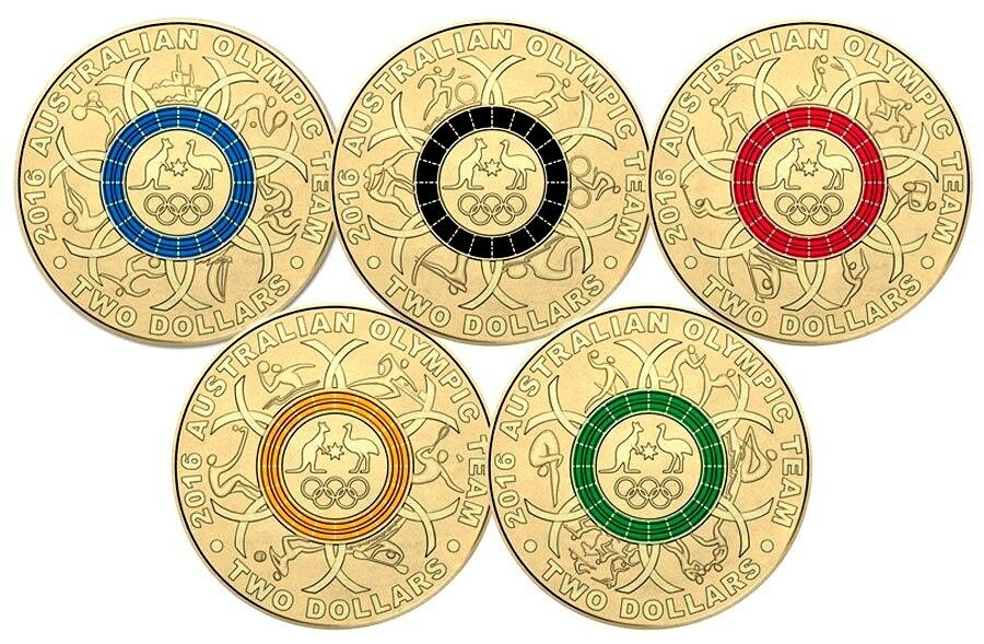 Australia 2016 $2 Uncirculated Olympic Set in Folder 5 Coloured Coins