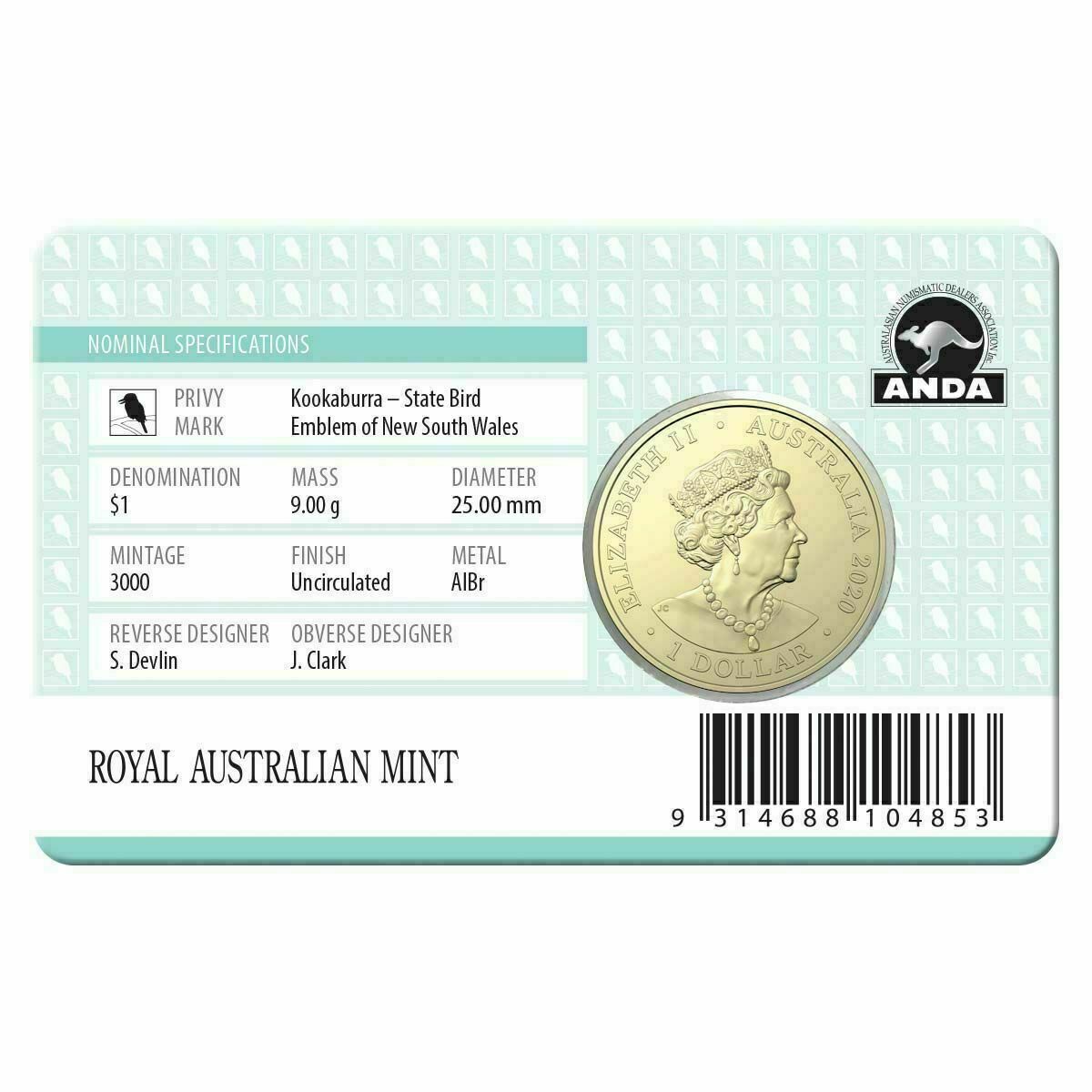 Australia 2020 $1 Uncirculated ANDA Kookaburra