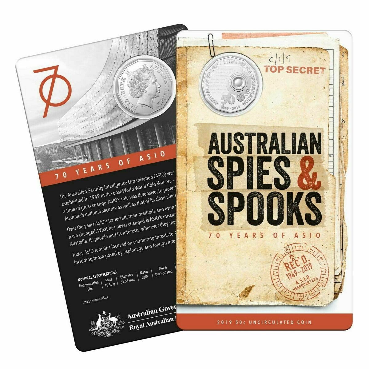 Australia 2019 50 Cent Uncirculated 70th Anniversary ASIO Spies and Spooks Carded
