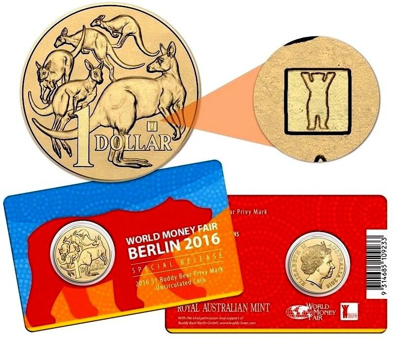 Australia 2016 $1 Uncirculated World Money Fair Mob of Roos Buddy Bear Privy Mark Carded