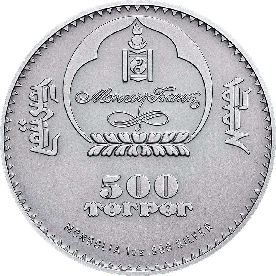 Mongolia 2016 500 Togrog Wildlife Protection Saker Falcon .999 1oz Antique Silver Onverse