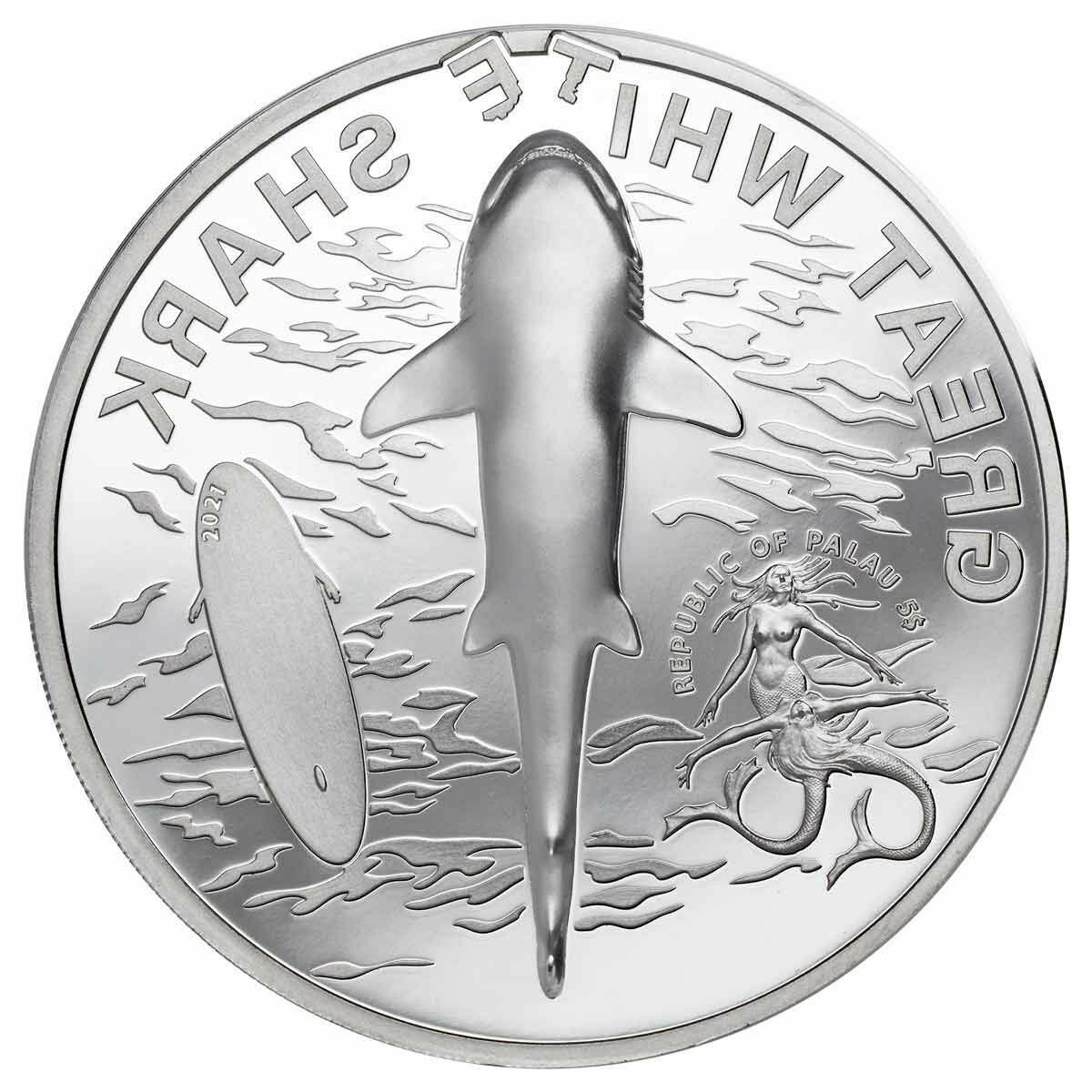 Palau 2021 $5 Great White Shark 1 Oz Silver Proof Coin