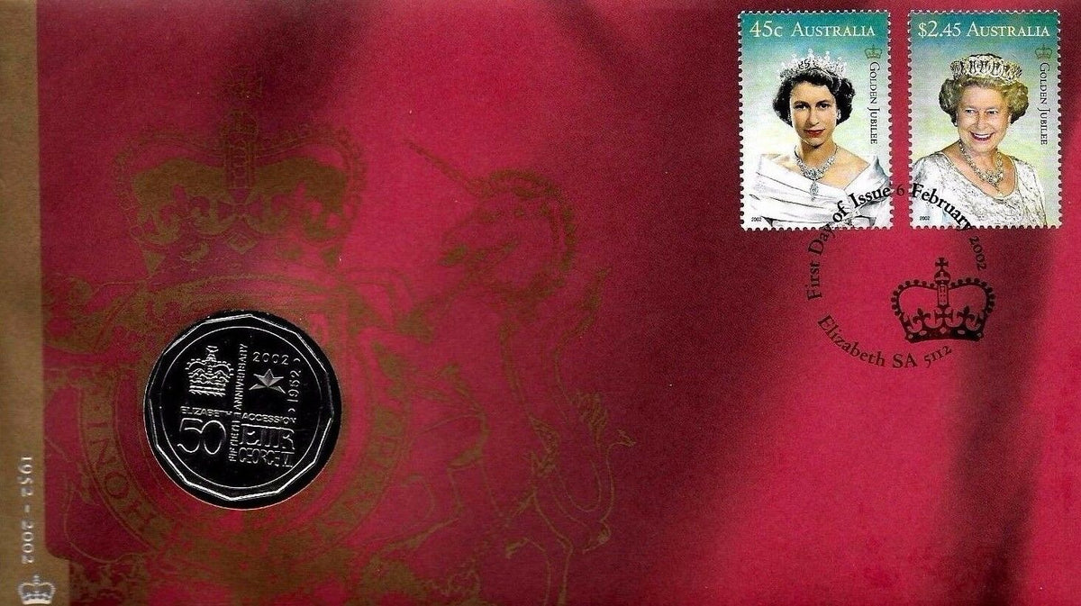 Australia 2002 50 Cent Queen Elizabeth II QEII Accession Stamp and Coin Cover PNC