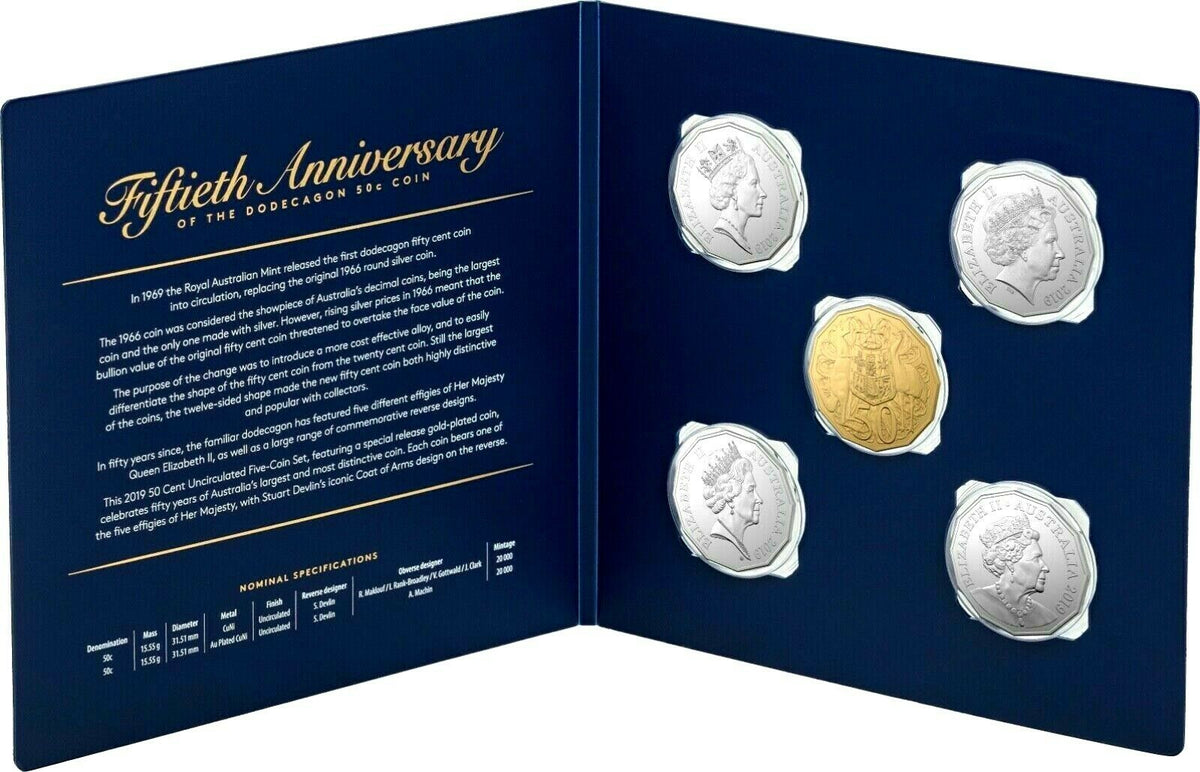 Australia 2019 5 Coin 50 Cent Set 50th Anniversary of the 50 Cent including Gold Plated 50 Cent