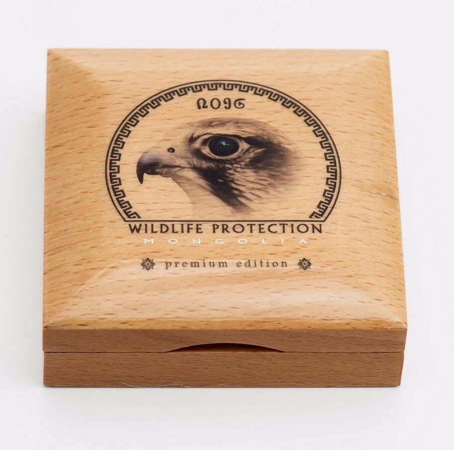 Mongolia 2016 500 Togrog Wildlife Protection Saker Falcon .999 1oz Antique Silver Wooden Box