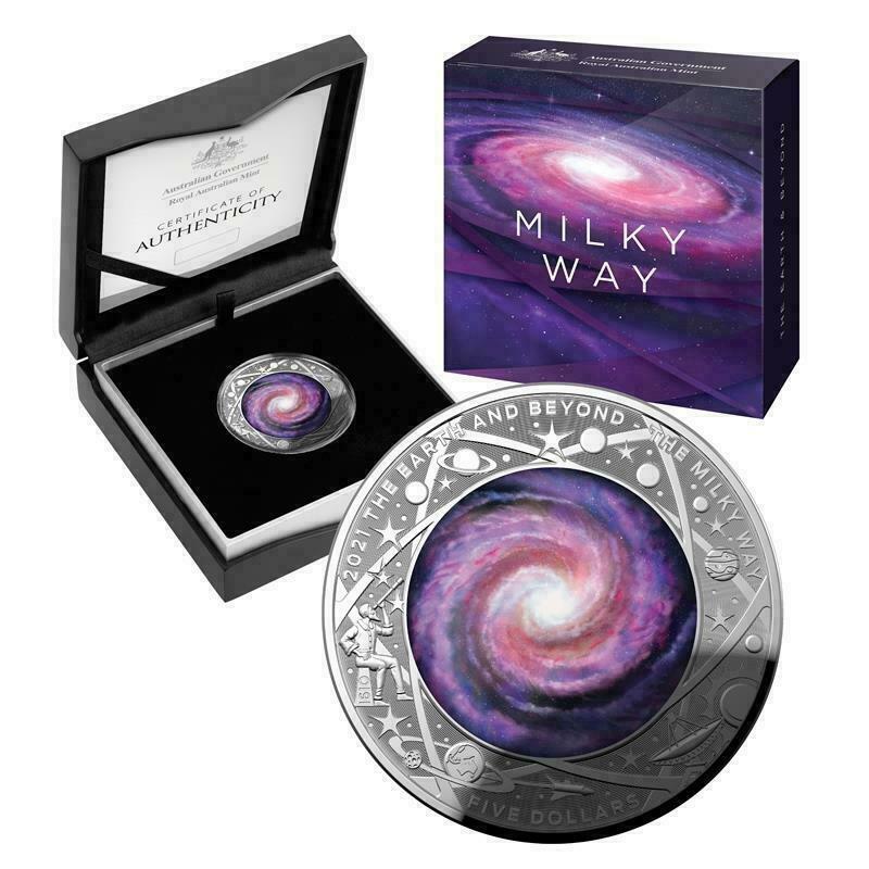 Australia 2021 $5 Coloured Proof The Earth and Beyond The Milky Way Domed 1 Oz Fine Silver