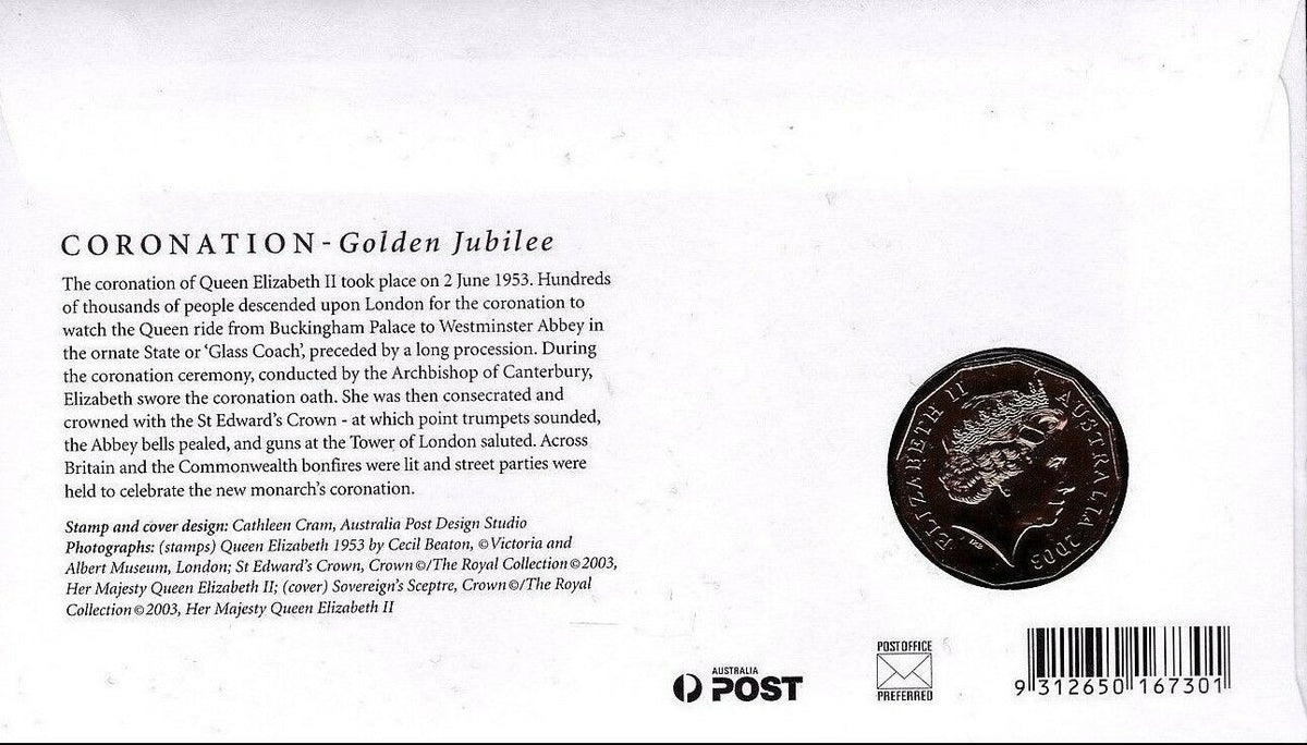 Australia 2003 50 Cent Bronze Uncirculated Golden Jubilee Coronation Stamp and Coin Cover PNC