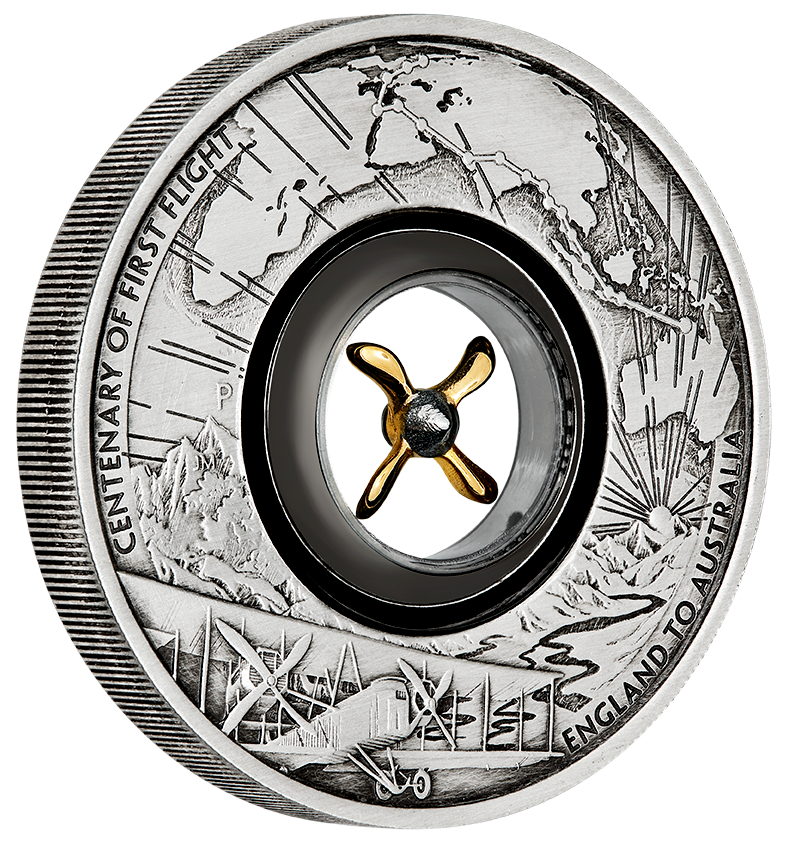 Australia 2019 $2 Centenary Of The First Flight 2 Oz Antiqued Silver with Rotating Propeller Perth Mint