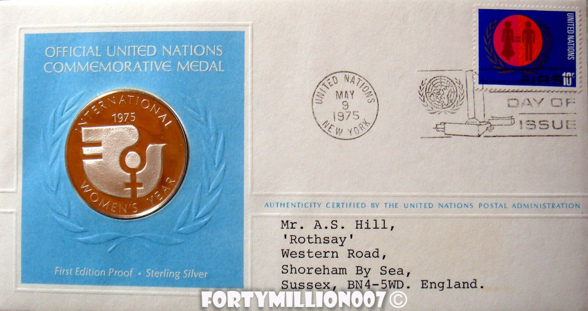 United Nations 1975 Medal Proof International Women's Year Silver First Day Cover Stamp and Medal Cover PMC