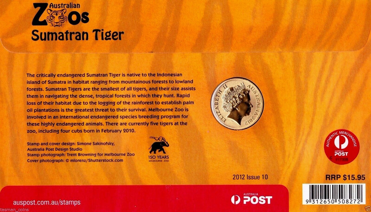 Australia 2012 $1 Uncirculated Sumatran Tiger Zoo Series Stamp and Coin Cover PNC