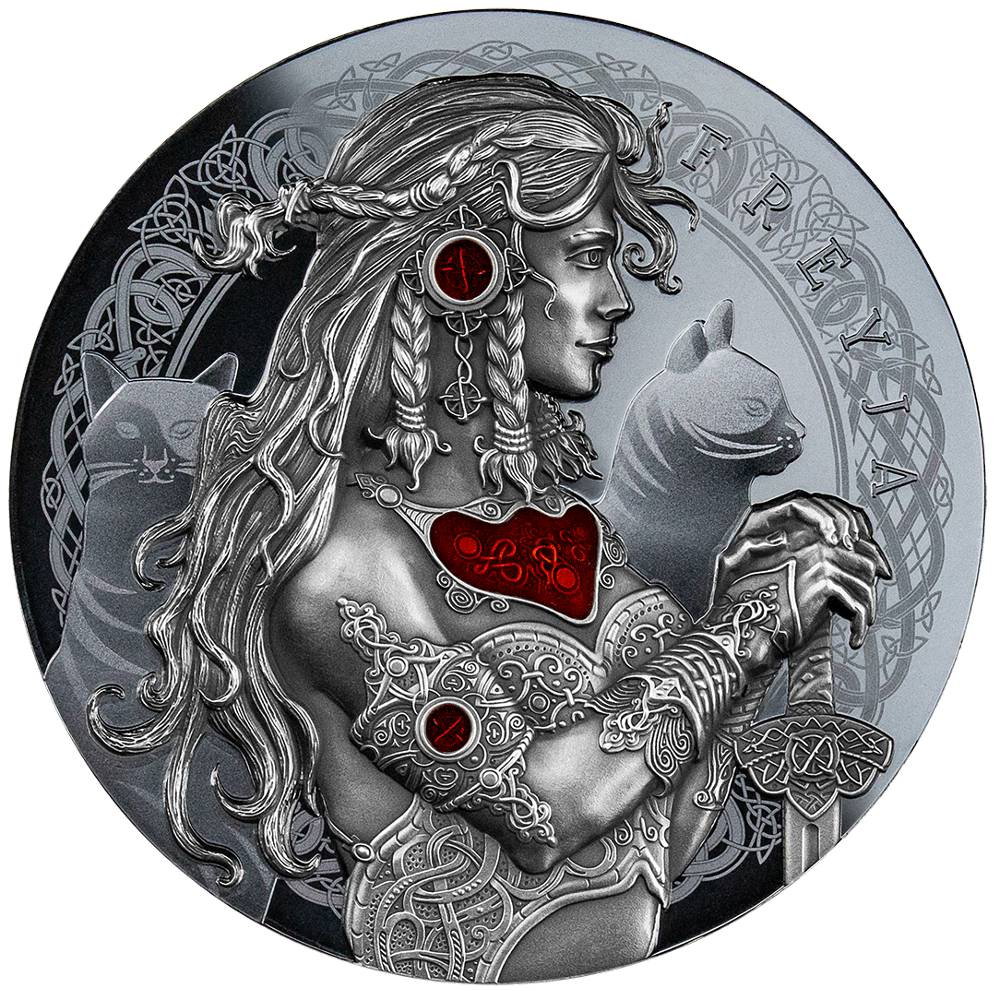 Niue 2022 Freya From the Goddess of Love Series 2 oz Pure Silver, Black Proof, Antiqued, High Relief, Microprinting, Laser Frosting, Resin Fill Coin