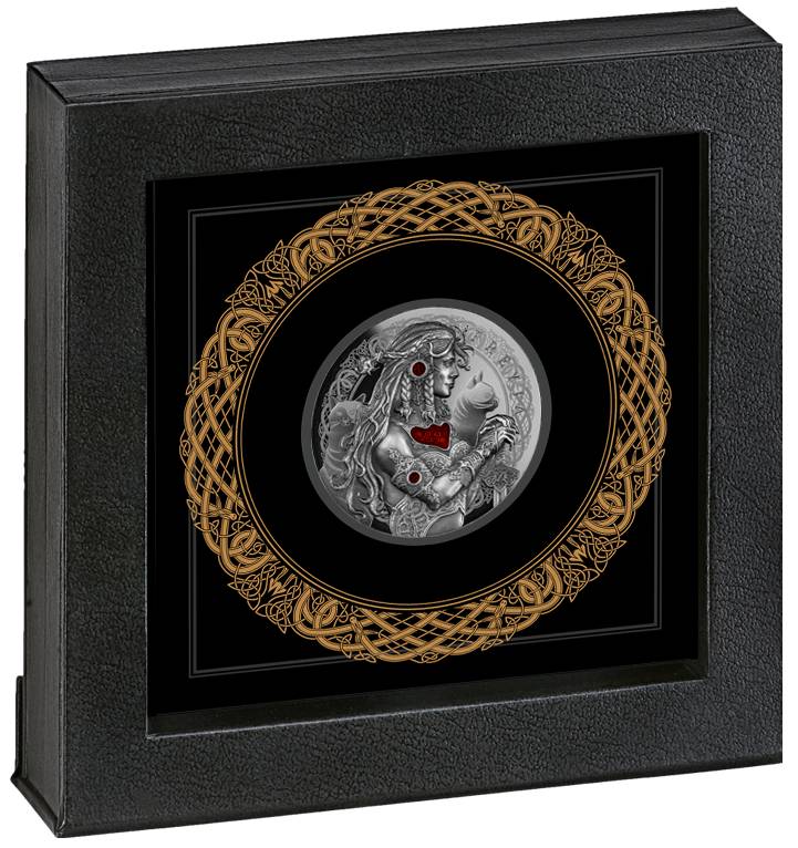 Niue 2022 Freya From the Goddess of Love Series 2 oz Pure Silver, Black Proof, Antiqued, High Relief, Microprinting, Laser Frosting, Resin Fill Coin