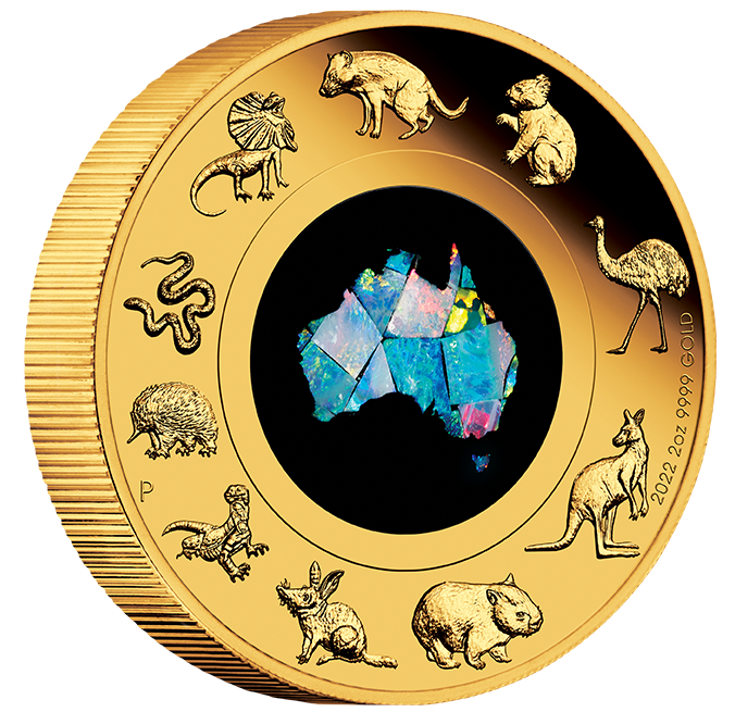 Australia 2022 $200 Great Southern Land 2oz Gold Proof Opal Coin. Illustration. Angled view.