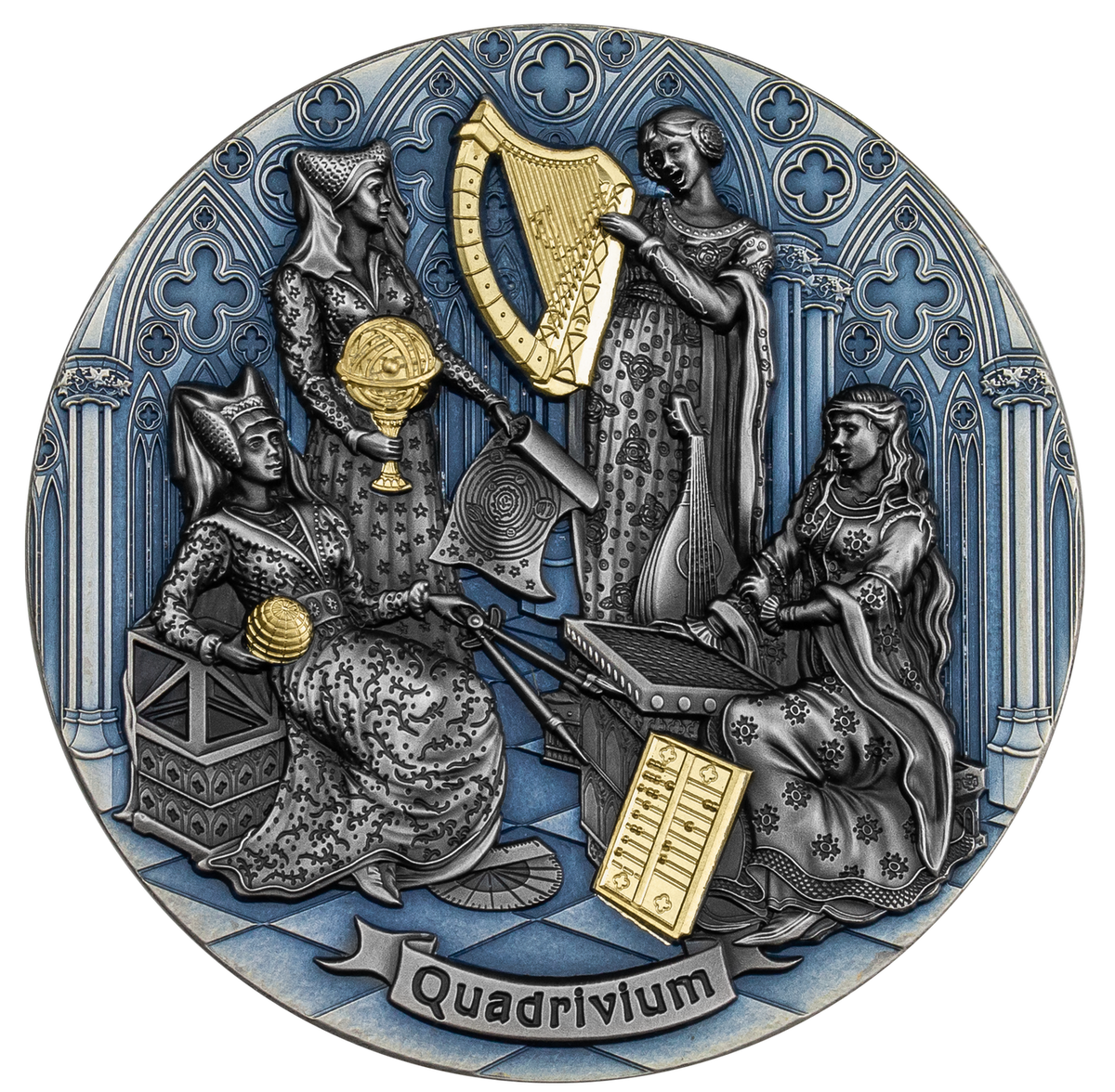 République du Cameroun / Cameroon 2022 2000 Francs Quadrivium Artes Liberales 2oz Silver High Relief Antiqued Coin
