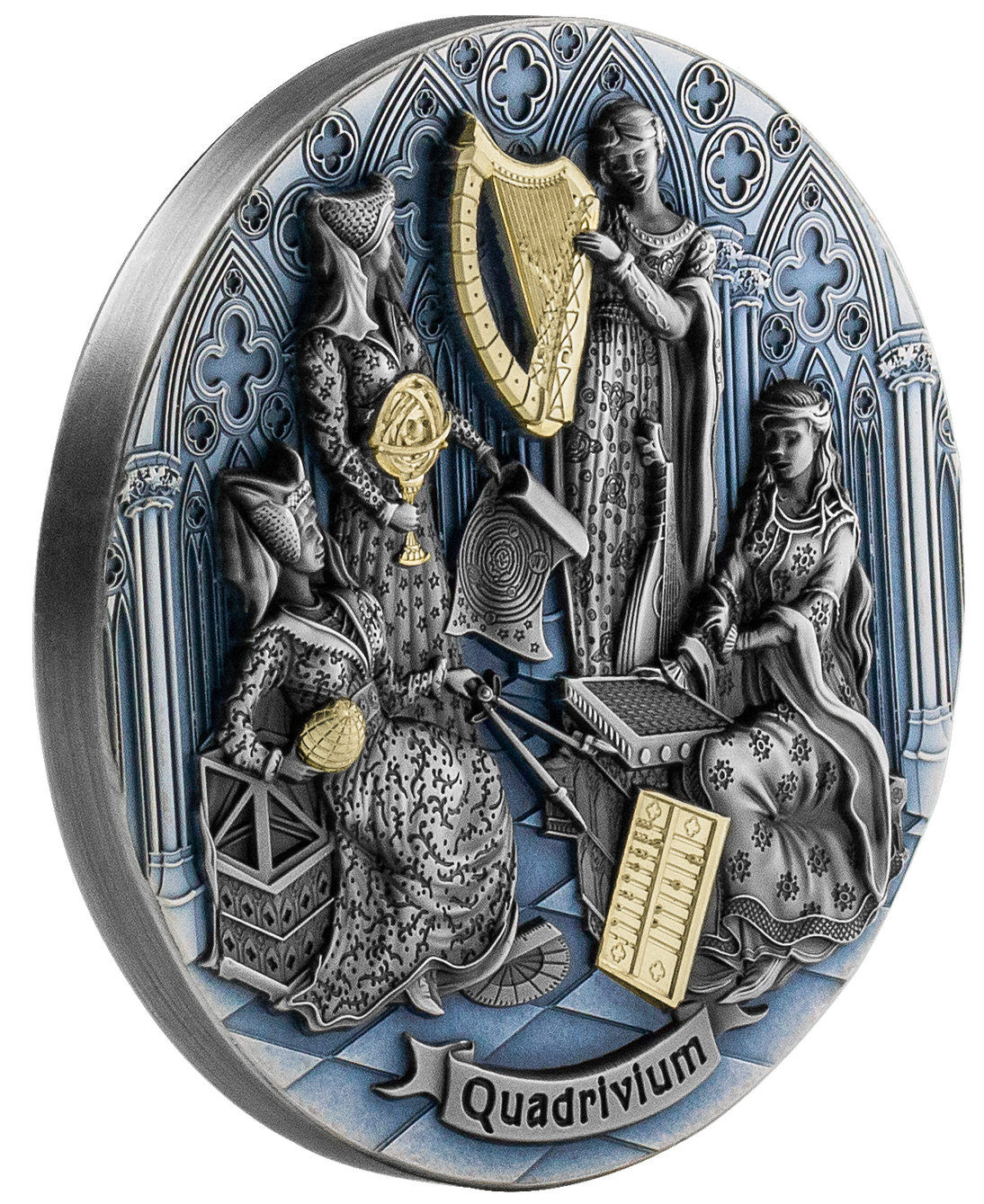 République du Cameroun / Cameroon 2022 2000 Francs Quadrivium Artes Liberales 2oz Silver High Relief Antiqued Coin