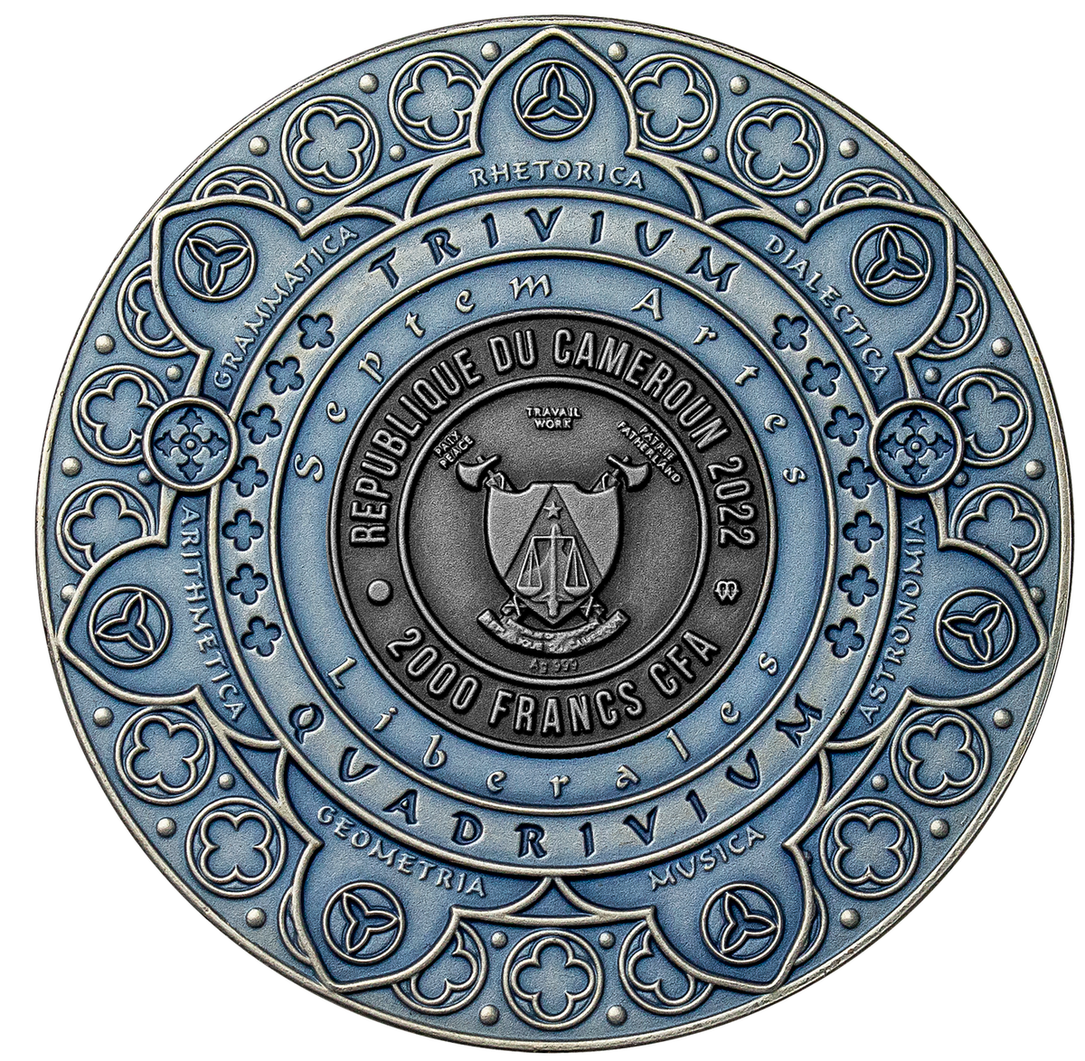 République du Cameroun / Cameroon 2022 2000 Francs Quadrivium Artes Liberales 2oz Silver High Relief Antiqued Coin