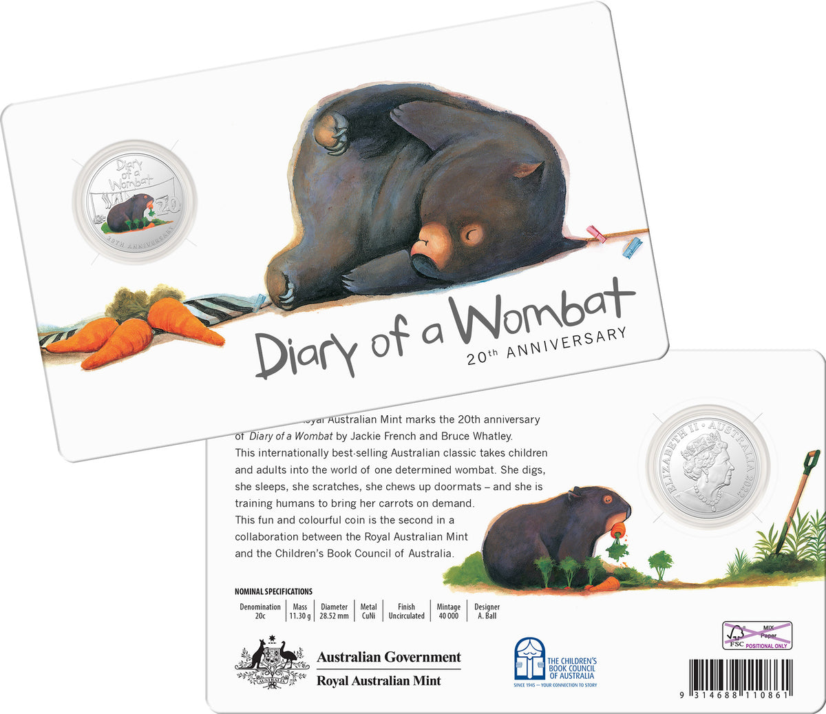 Australia 2022 20 Cent 20th Anniversary of Diary of a Wombat – 20c Coloured Coin in Card