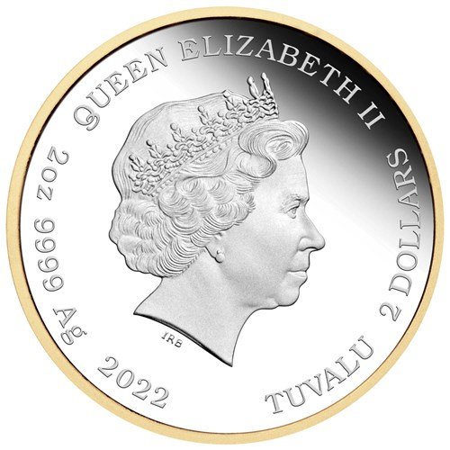 Tuvalu 2022 $2 60 Years of Bond 2oz Silver Proof Gilded Coin