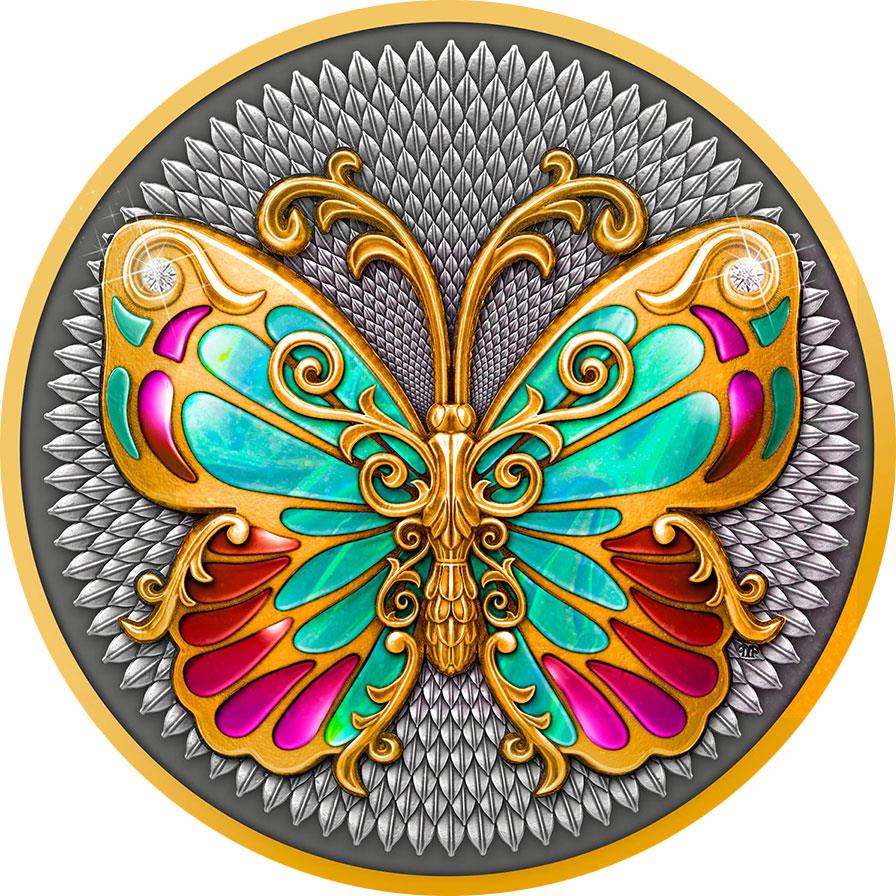 Niue 2022 $5 Butterfly 2 Oz .999 Antique Silver Coin