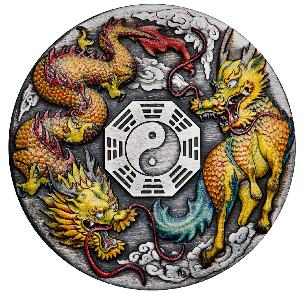 Tuvalu 2022 $2 Dragon and Qilin with Bagua 2oz Silver Antiqued Coloured Coin