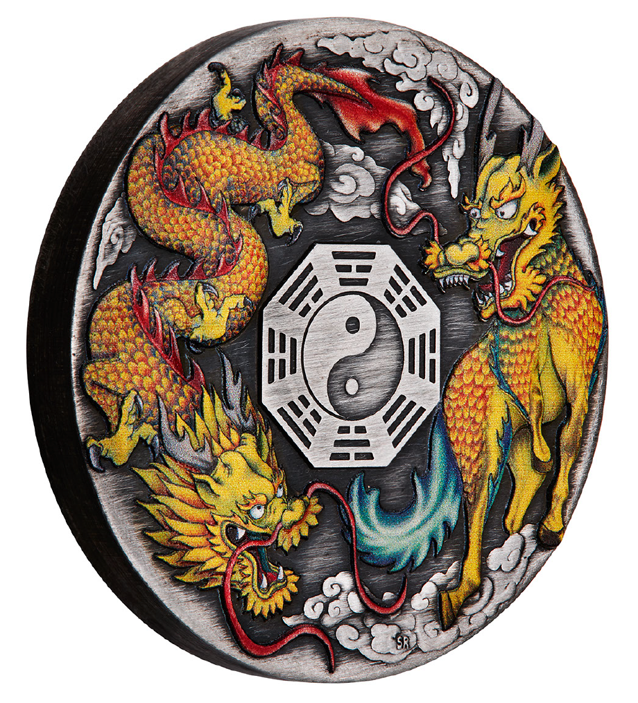 Tuvalu 2022 $2 Dragon and Qilin with Bagua 2oz Silver Antiqued Coloured Coin
