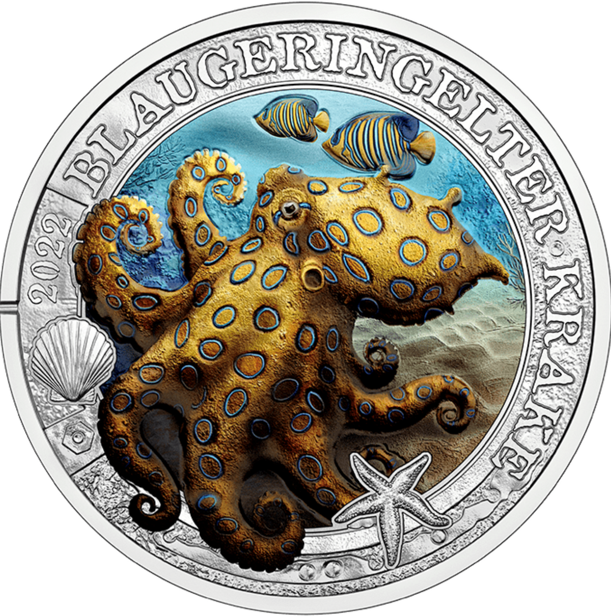 Republic of Austria 2022 3 Euro THE BLUE-RINGED OCTOPUSs Coin- Luminous Marine Life Series (Glows under UV Light)