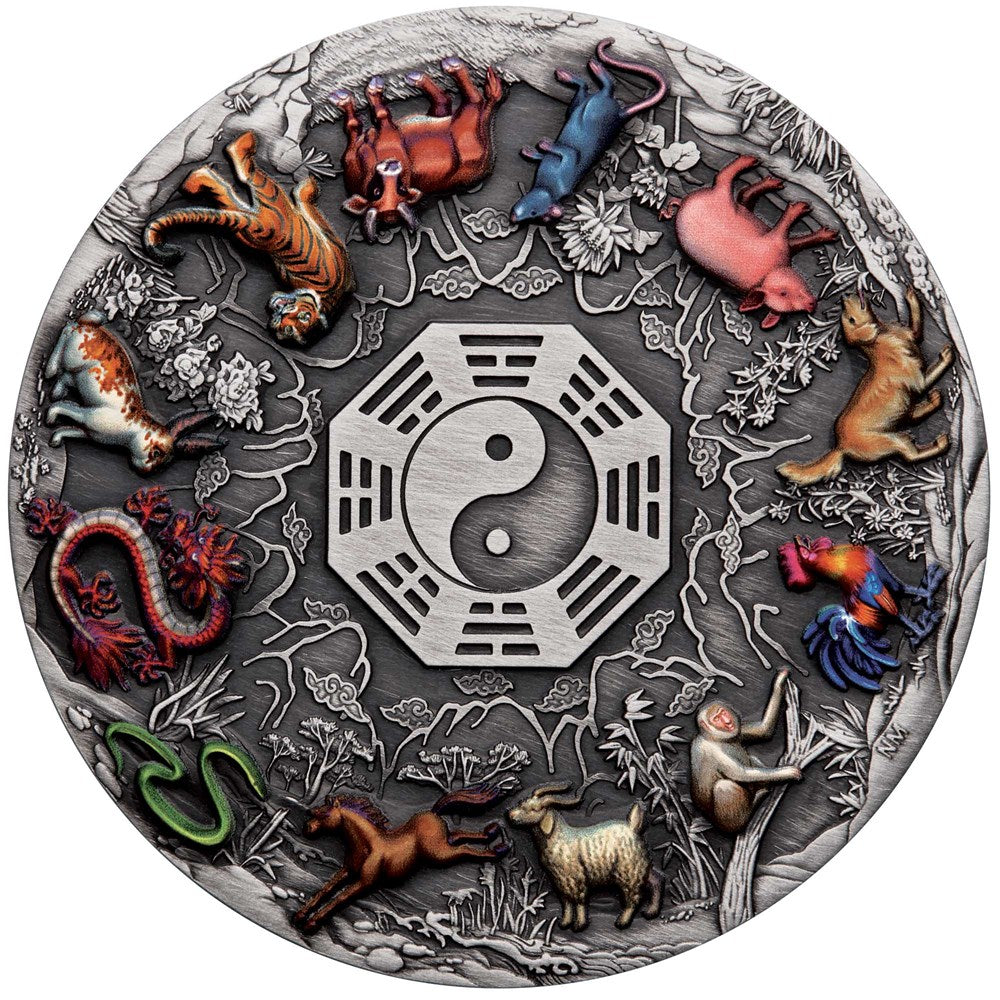 Tuvalu $5 2022 12 Lunar Animals 5oz Silver Antiqued Coloured Coin